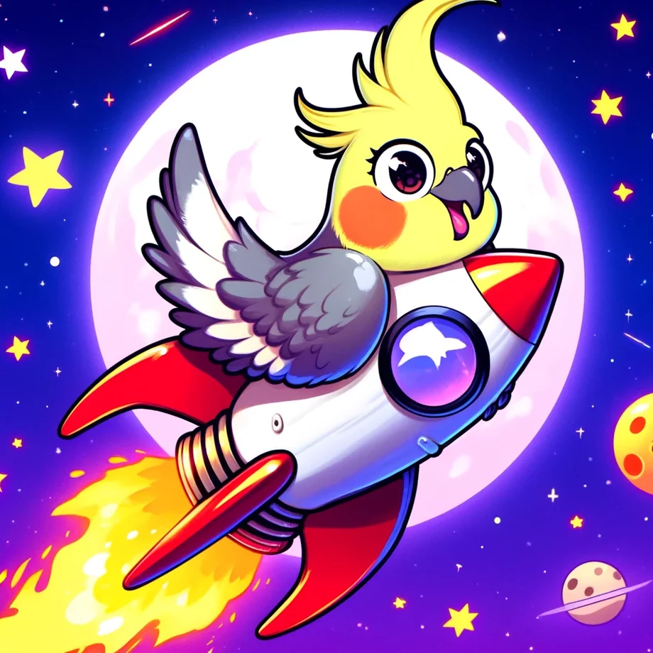 Cocka the cockatiel riding a rocket past the moon. Click me!